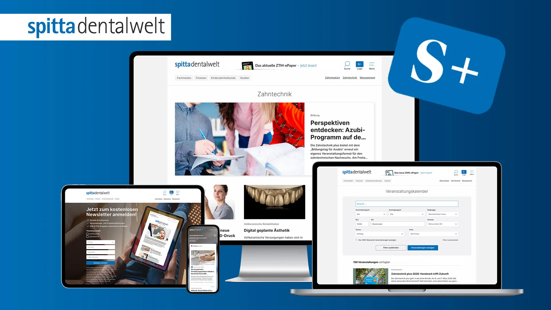 Mehrere Bildschirme auf denen die Spitta Seiten sind, wie z.B. der Newsletter.