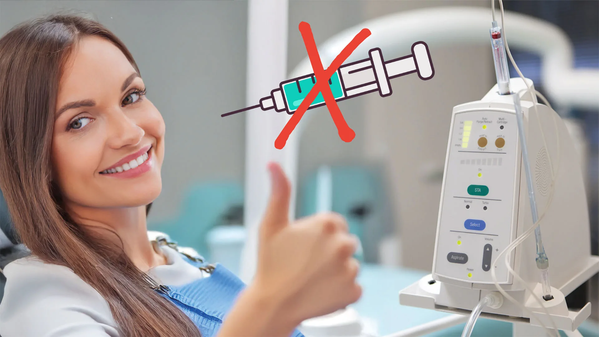 Eine Frau ist in einer Zahnarztpraxis, lächelt in die Kamera und hält den Daumen hoch. Neben ihr eine Illustration von einer Spritze die durchkreuzt ist.