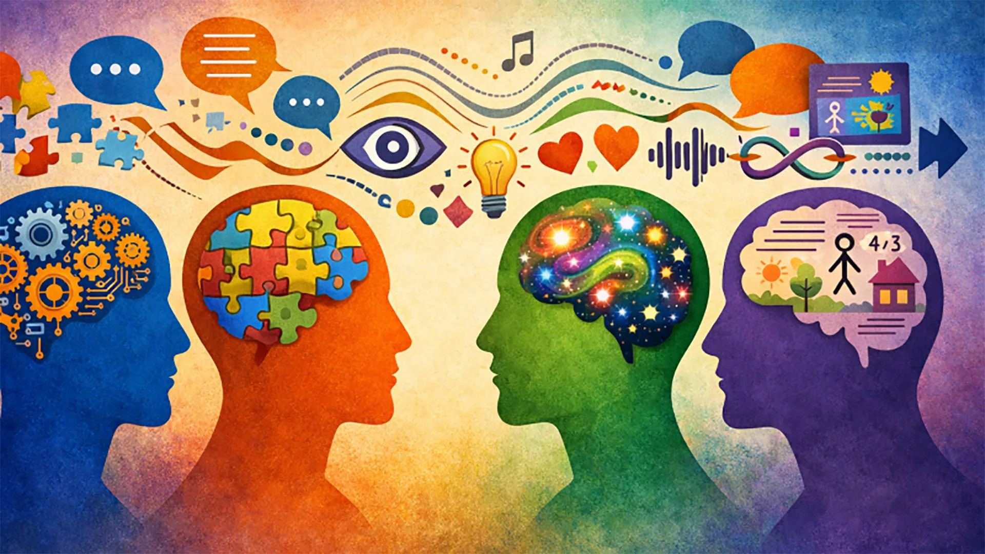 Illustration von Menschen in deren Köpfe man schauen kann, woran sie denken.