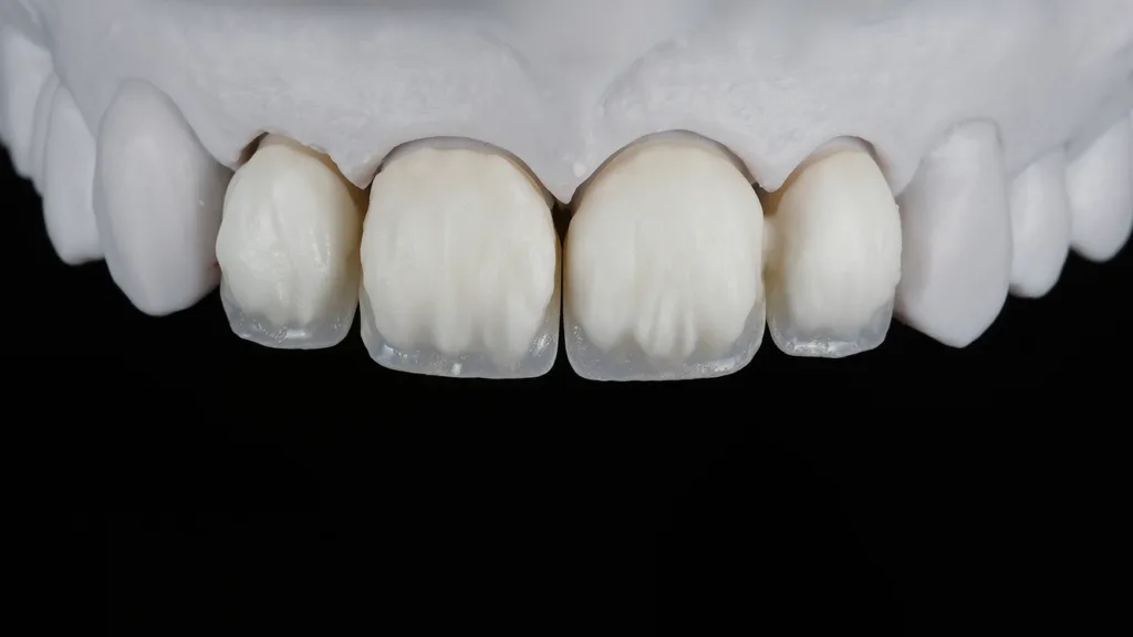 Auftragen von 0,2- bis 0,3-mm-Schichten CERABIEN™ MiLai Porzellan: CCV2 für den zervikalen Bereich, LT1 – Creamy Enamel für den Körper und Glanz (Luster), LTX an der Inzisalkante