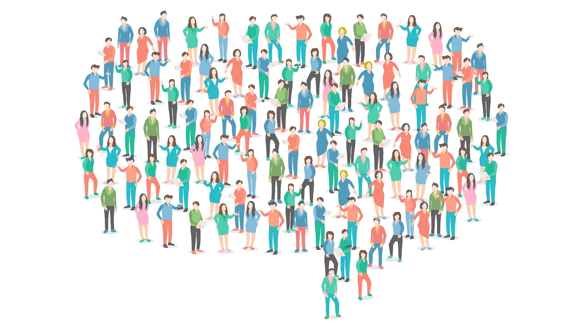 Illustration einer Menschenmenge, die sich zu einer Sprechblase zusammenbilden.