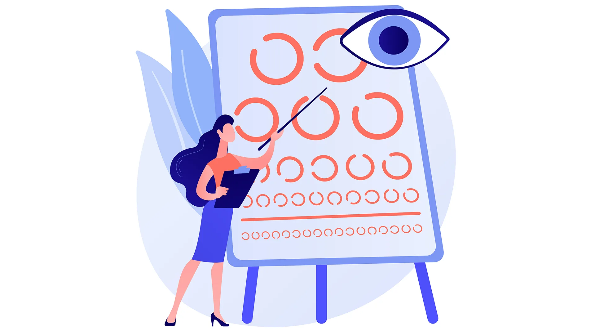 Illustration einer Frau, die auf eine Leinwand zeigt und ein Augen rechts.