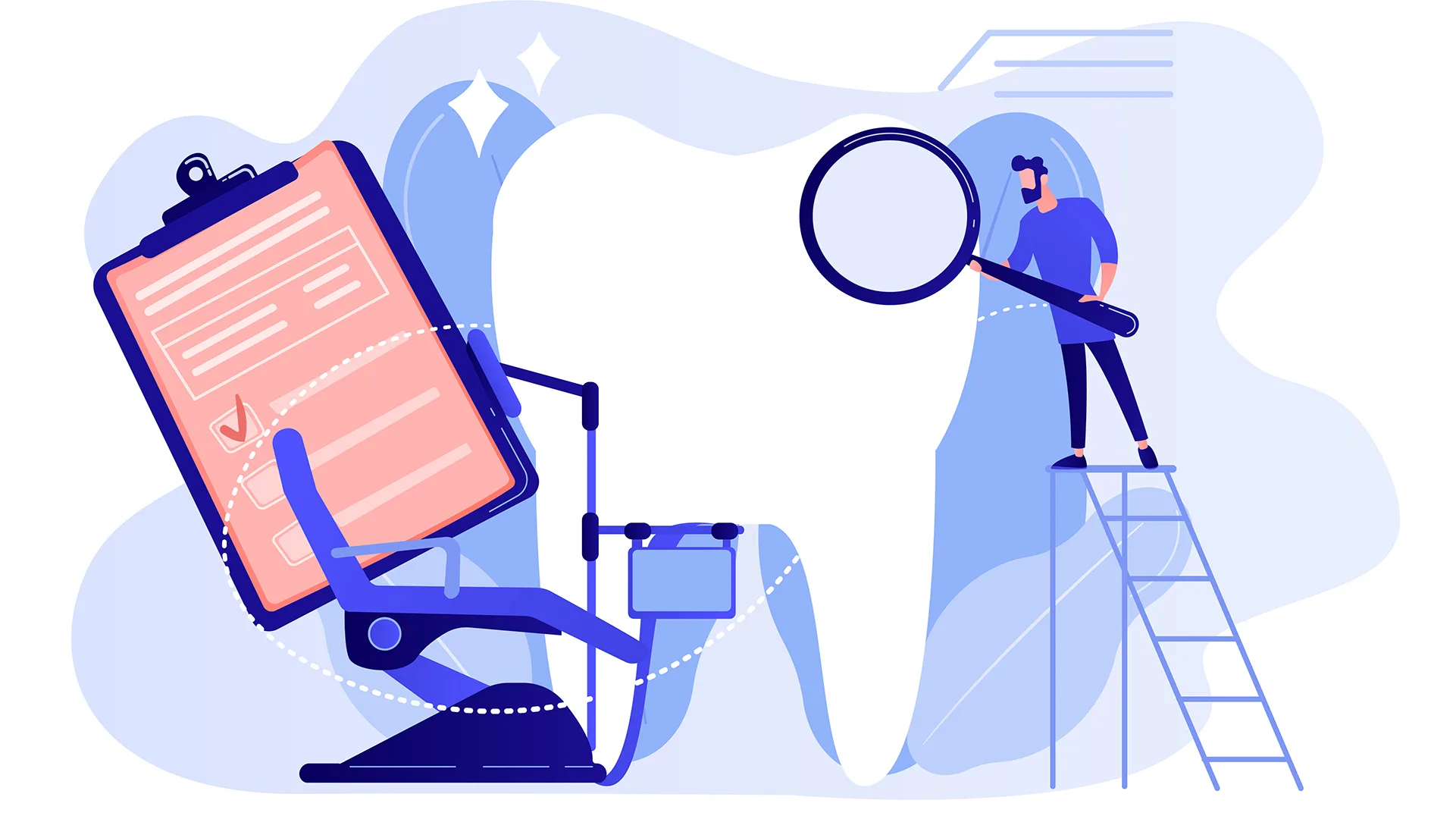 Illustration eines Arztes der mit einer Lupe Dokumente anschaut.