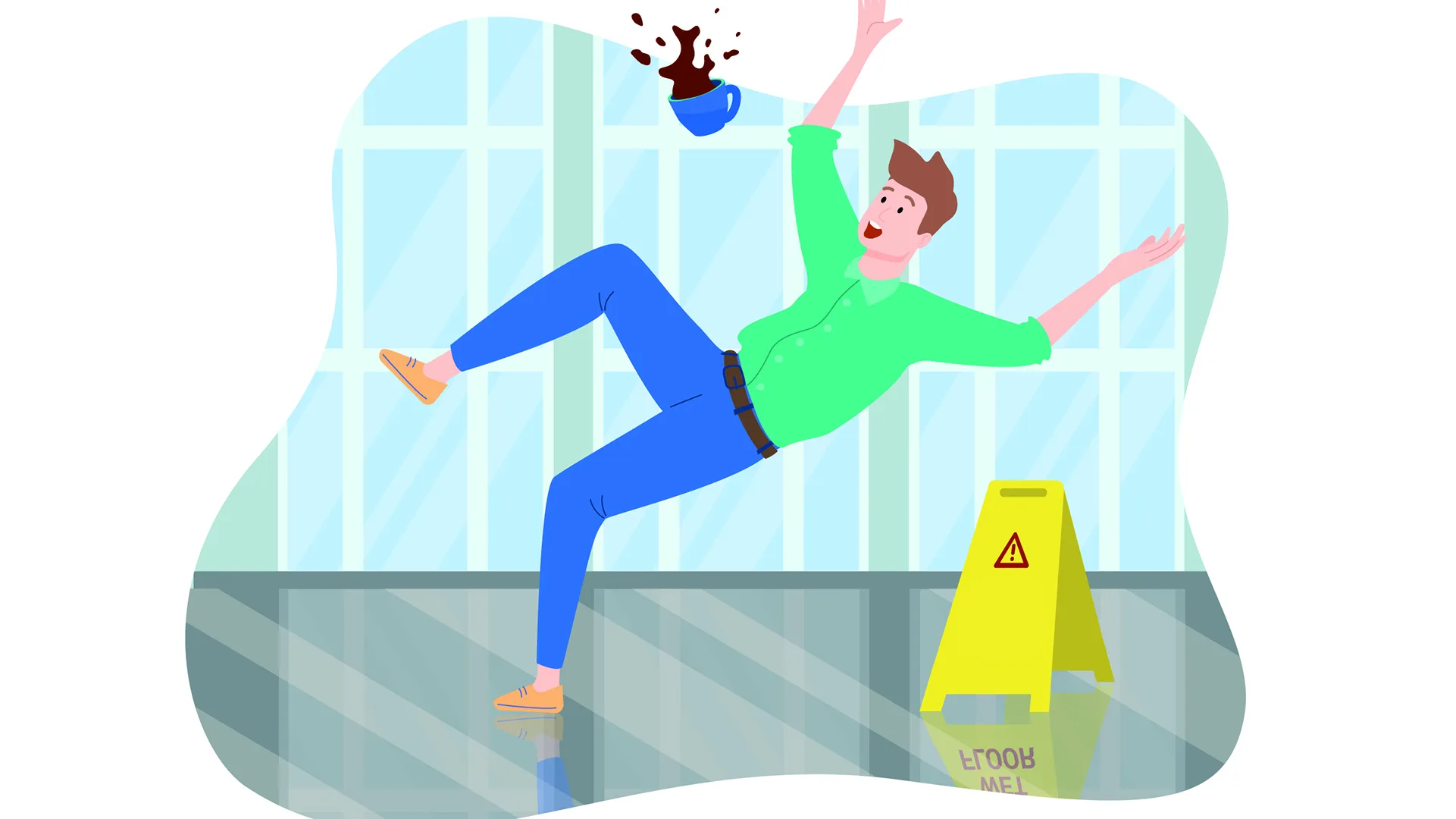 Illustration eines Mannes der auf einem frisch gewischten Oben ausrutscht und seinen Kaffee verschüttet.