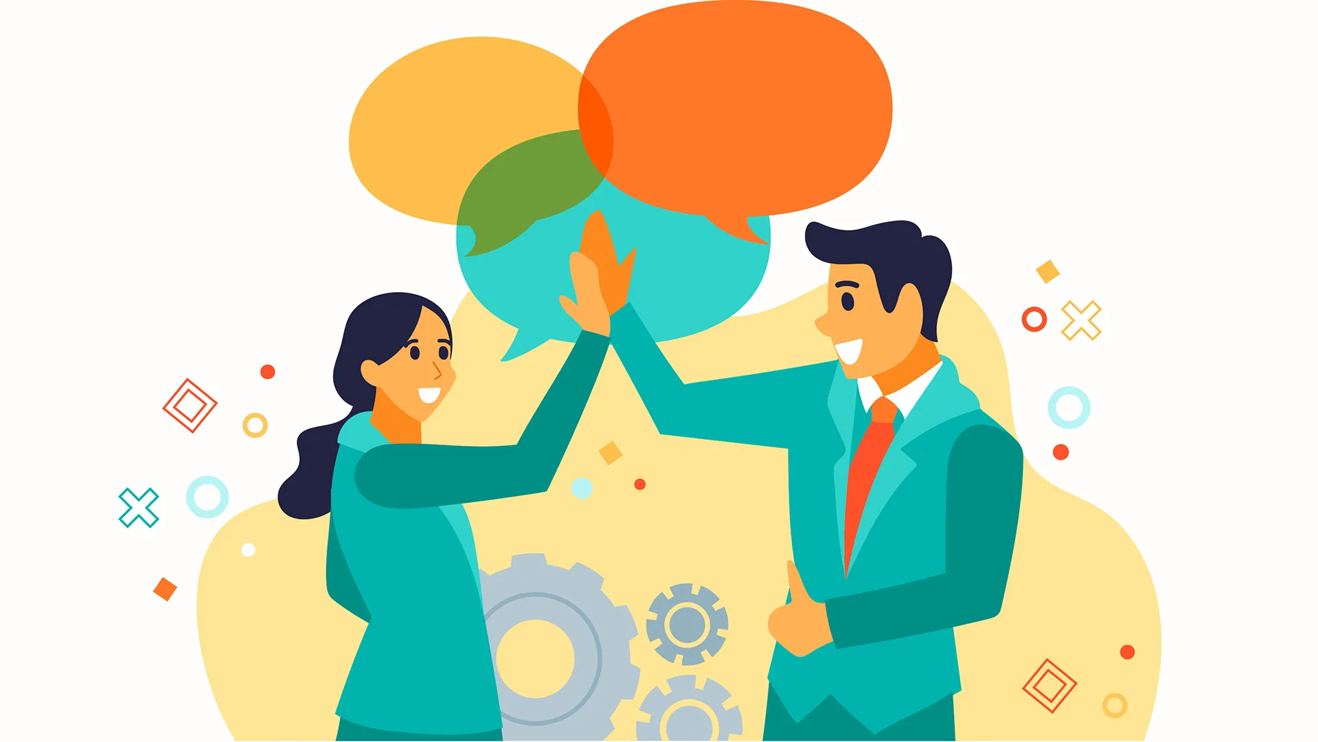 Zwei Kollegen klatschen einander ab und lachen dabei.