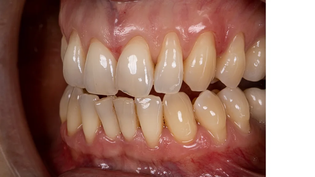 Ansicht bei leichter Kieferöffnung mit Frontzahnkontakt