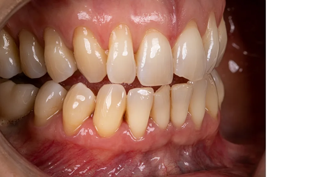 Ansicht bei leichter Kieferöffnung mit Frontzahnkontakt