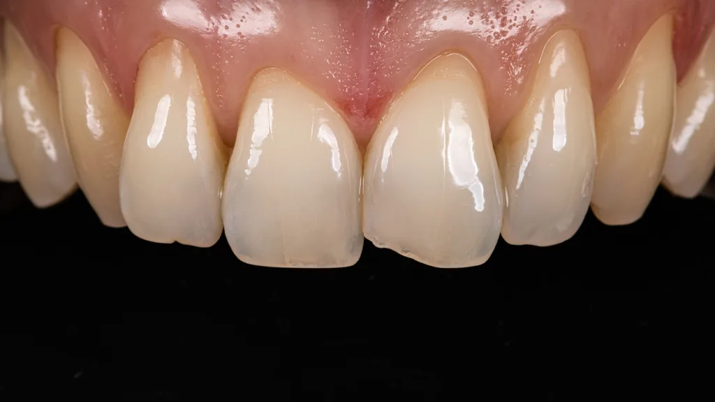 Ansicht von Ober- und Unterkieferzähnen von Eckzahn zu Eckzahn mit Kontrastplatte