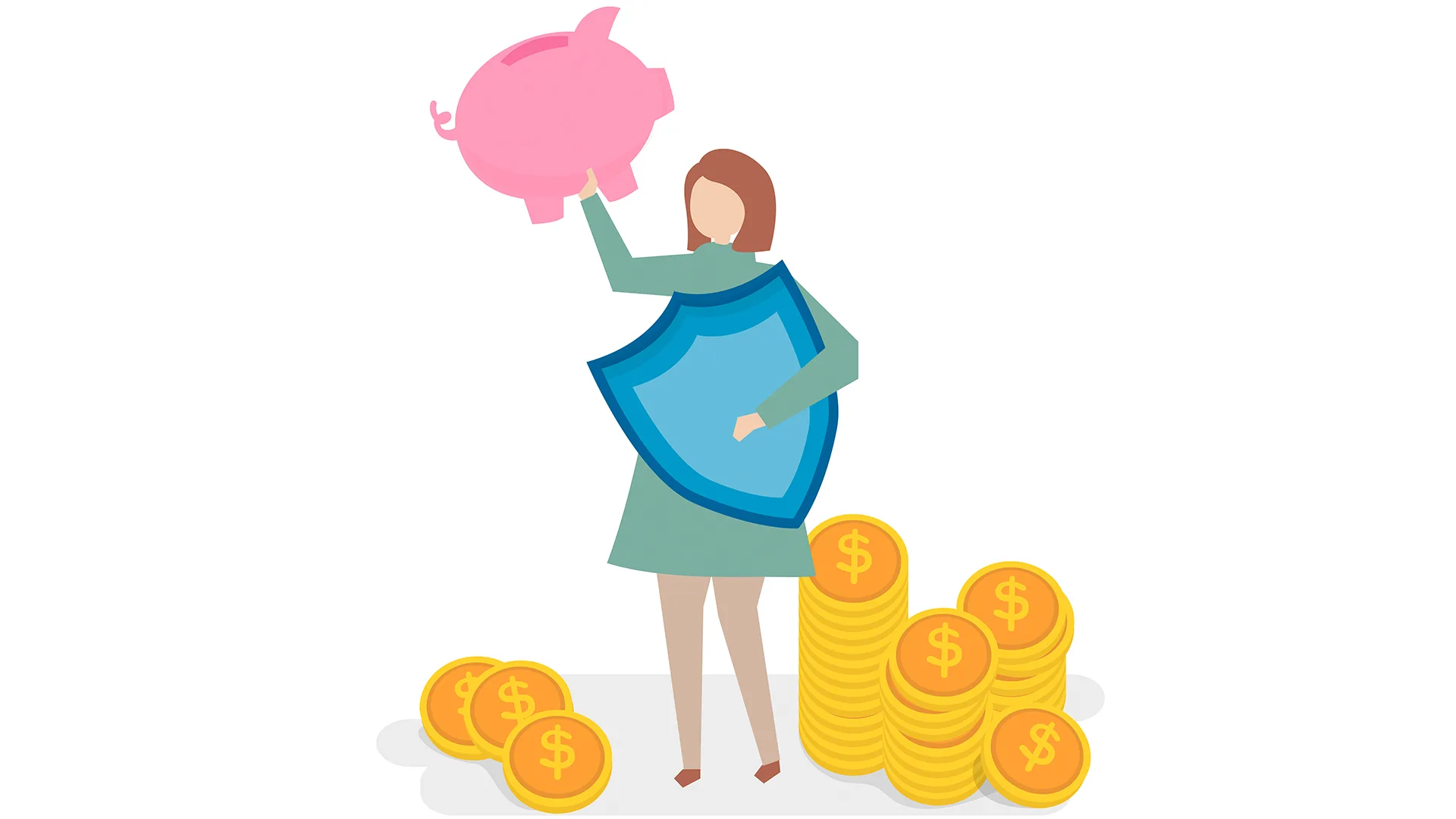 Illustration einer Frau die ein Sparschwein in die Luft hält und an ihren Füßen sind Geldmünzen.
