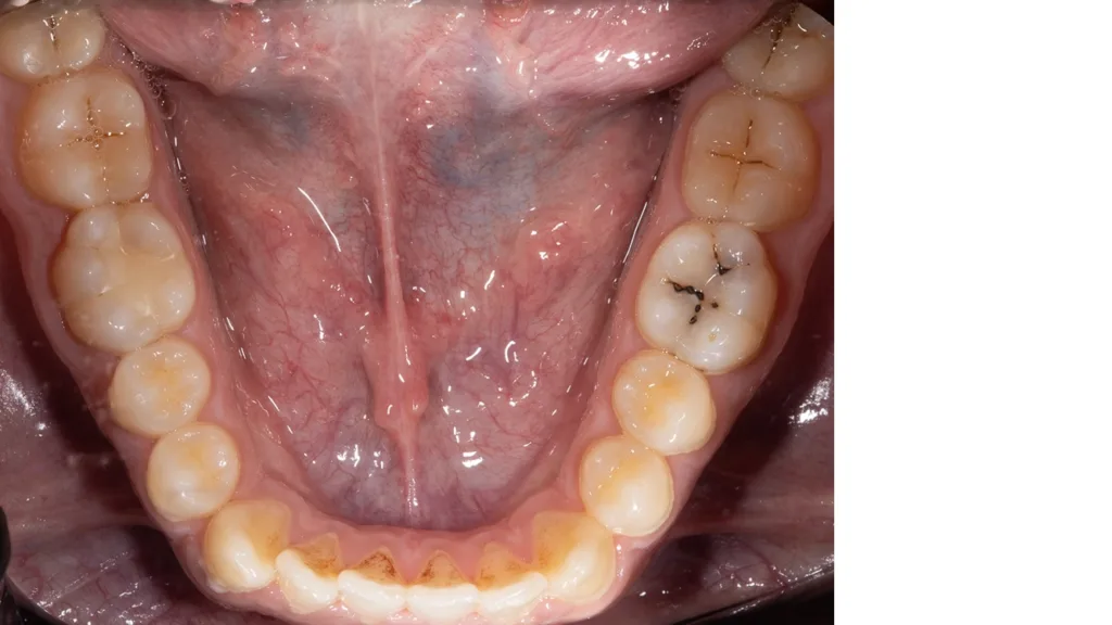 Okklusale Ansicht des gesamten Ober- und Unterkiefers mit Spiegel