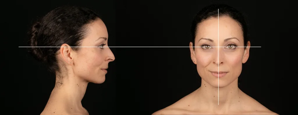 Richtige Position des Gesichts und des Profils (Interpupillarlinie, Gesichtsmittellinie)