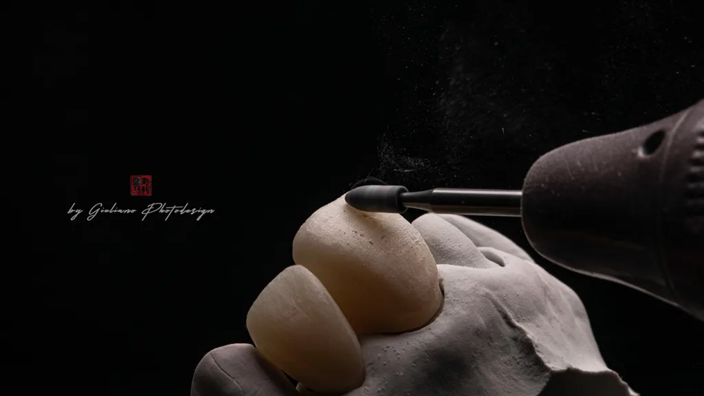 Industrielle Dentalprodukte kombiniert mit Laborarbeiten zeigen das Produkt und dessen Ergebnisse.