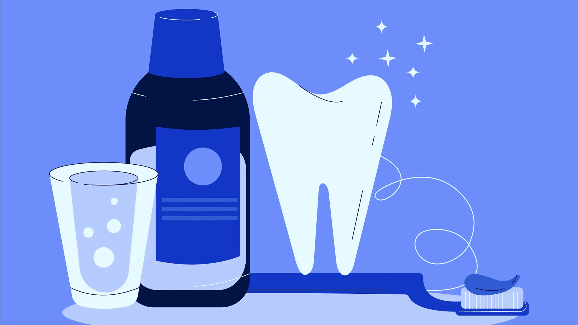 Illustration von einem Glas mit Wasser, daneben eine Flasche, daneben ein Zahn und eine Zahnbürste.