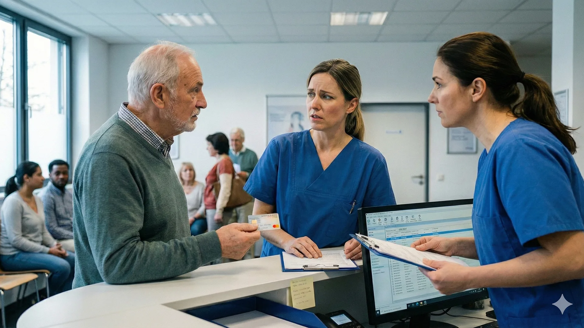 Eine Diskussion zwischen Patient und Zahnarztpersonal.