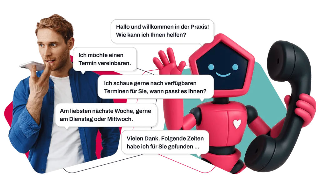 Ein Mann der sich am Telefon mit einem Telefonassistent unterhält welcher als Roboter dargestellt wird.