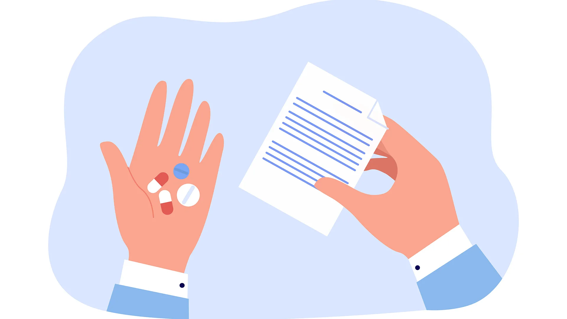 Illustration einer Hand in der Medikamente sind und in der anderen ein Zettel.