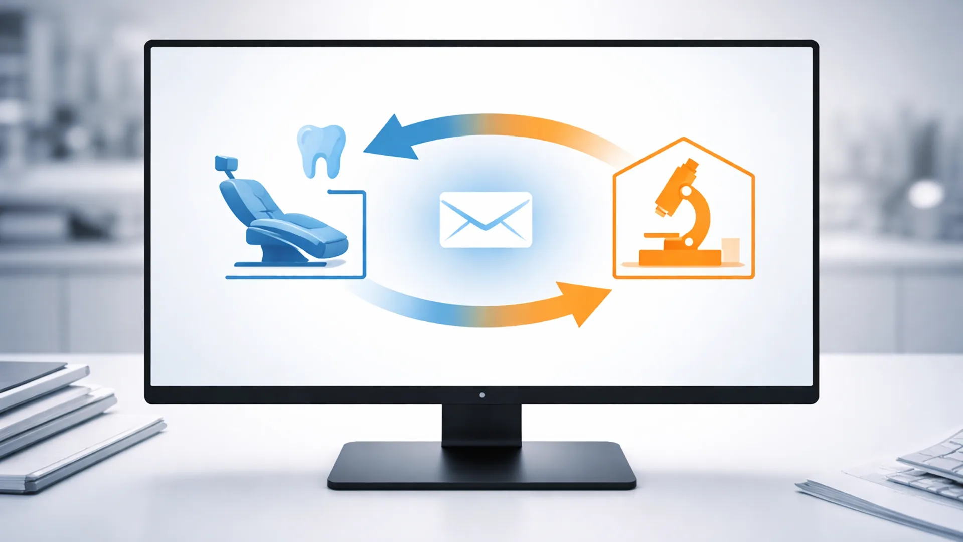 Bildschirm mit verschiedenen Symbolen. Links ein Behandlungsstuhl, in der Mitte ein Brief und rechts ein Mikroskop. Was die Kommunikation zwischen Praxis und Labor darstellen soll.