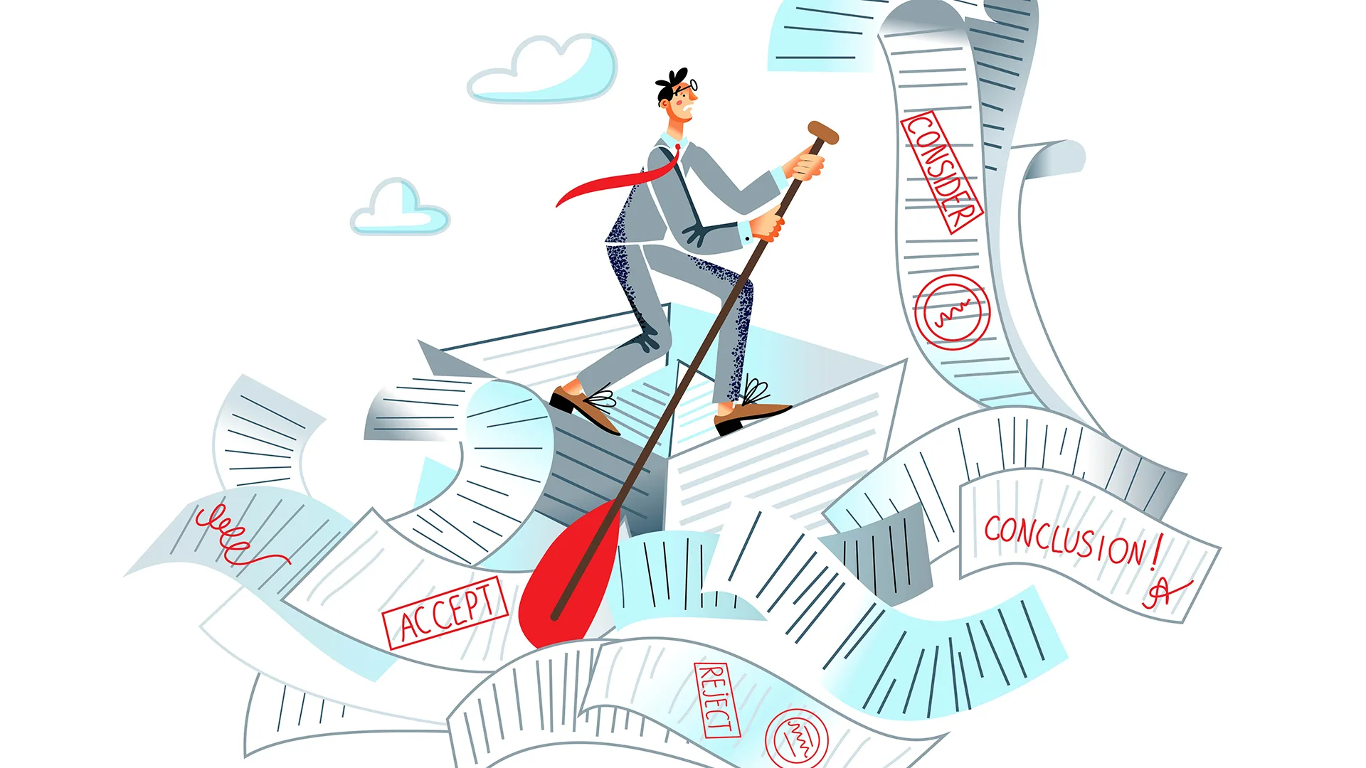 Illustration eines Mannes der in Bürokratie versinkt.