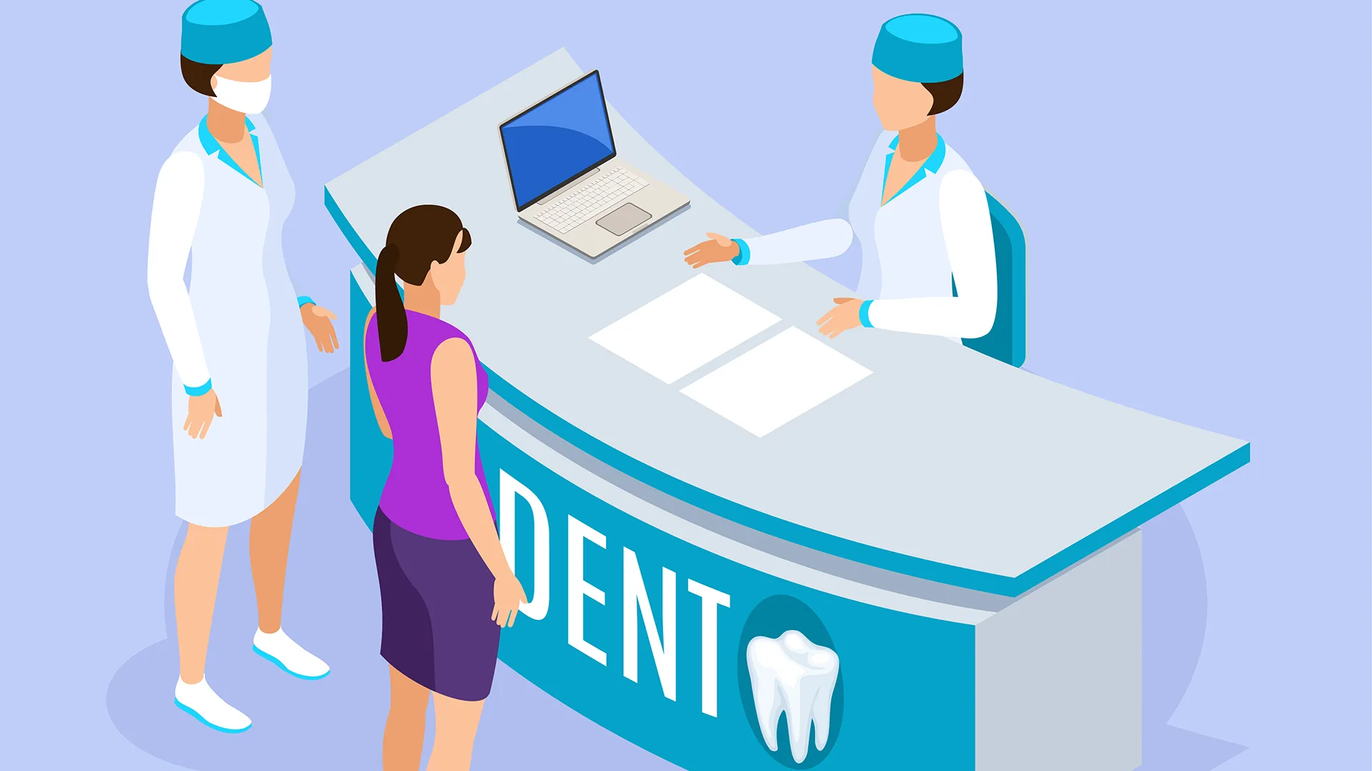 Illustration von einer Frau die in einer Zahnarztpraxis an der Rezeption steht.