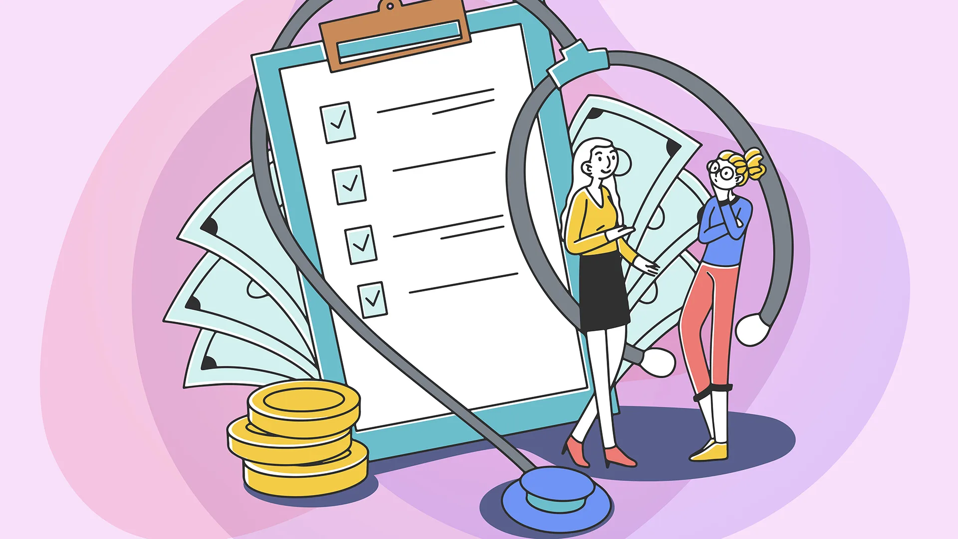 Illustration eines Krankenblatts, Geldmünzen und Stethoskop.