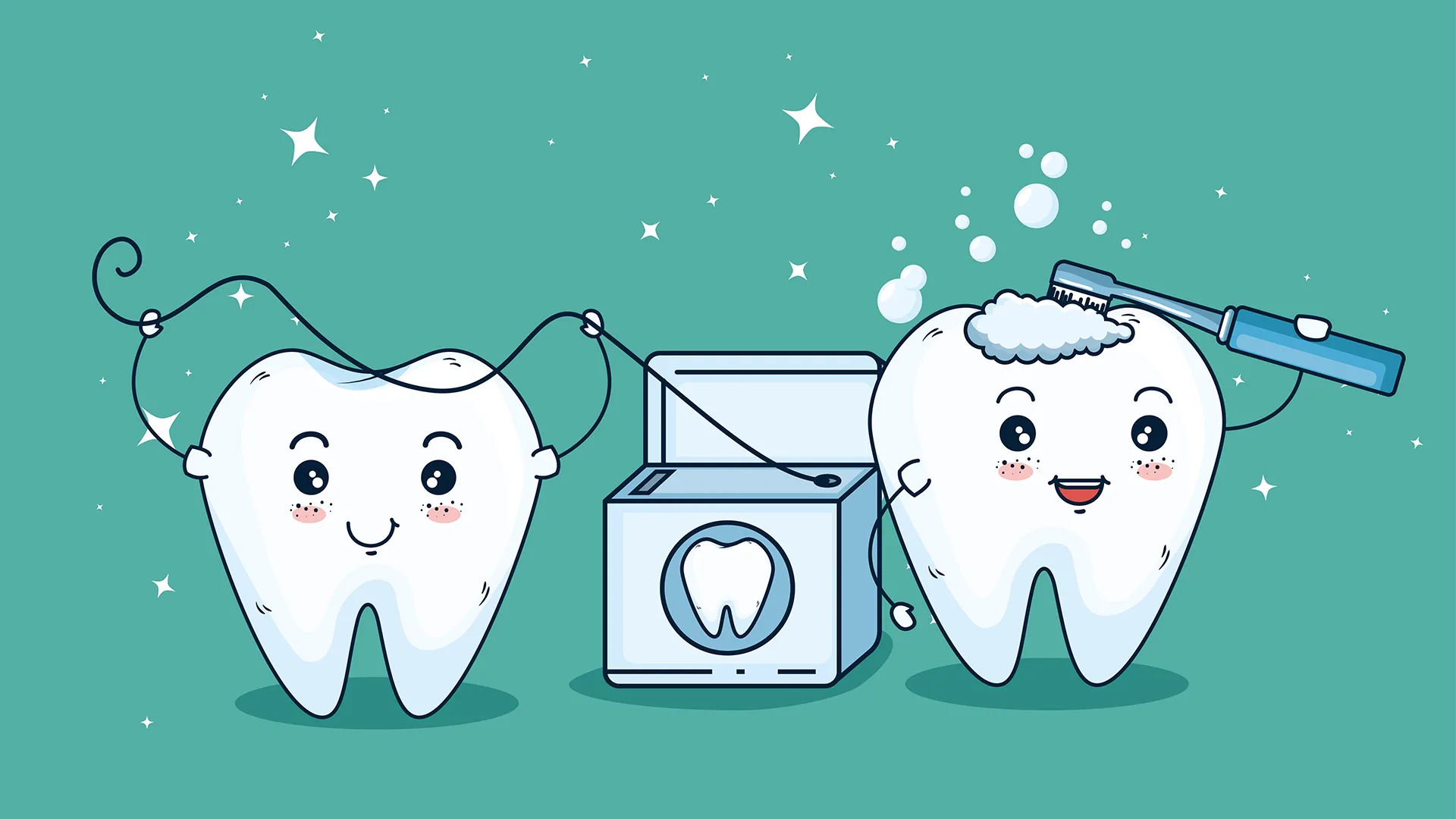 Illustration von zwei Zähnen mit Gesichtern, die sich pflegen.