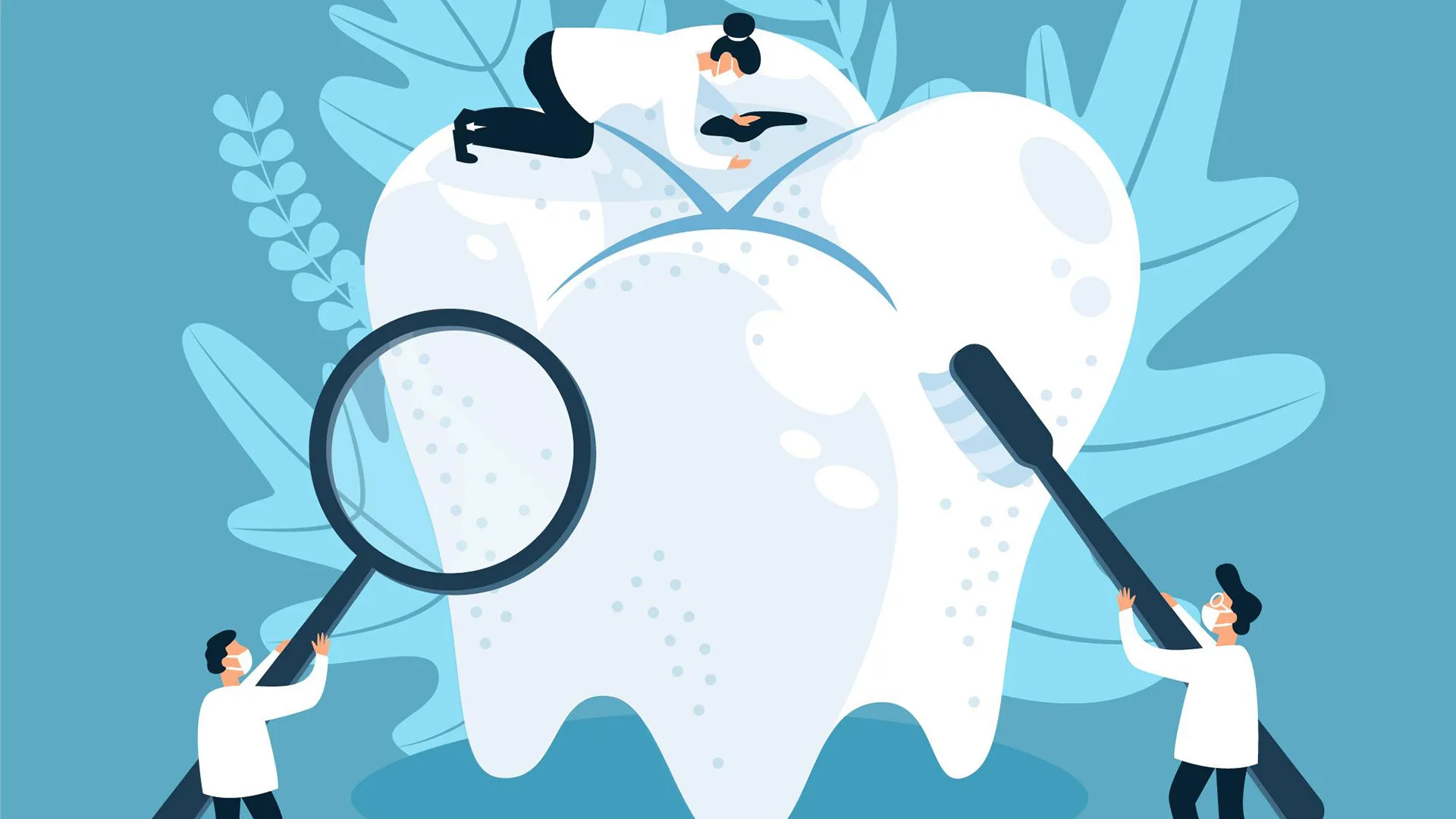 Illustration von einem Zahn, an dem kleine Menschen untersuchen und sauber machen.