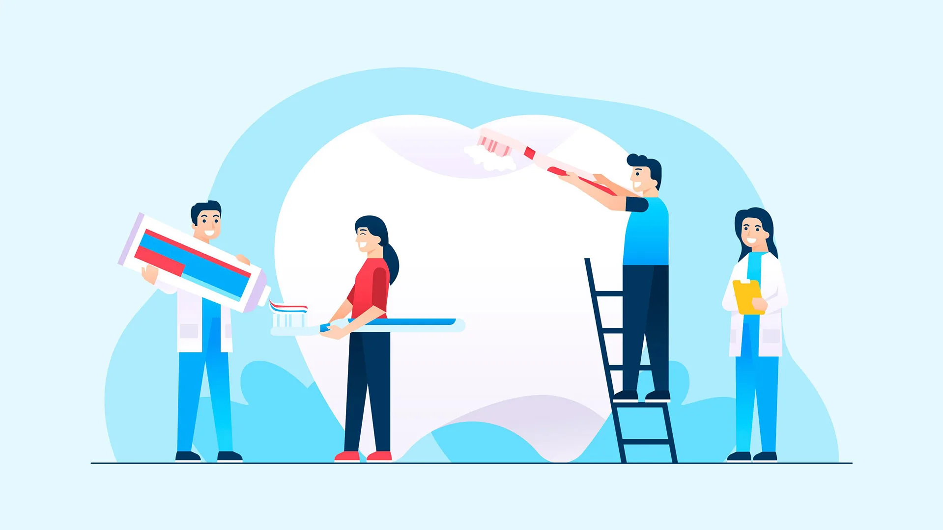 Illustration von Menschen die einen übergroßen Zahn putzen.