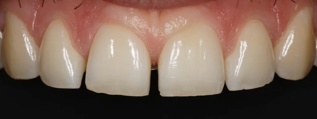 Abb. 28: Detailaufnahme der Lücken. Den Patienten störten lediglich das Diastema mediale und die Lücke zwischen den Zähnen 12 und 11.