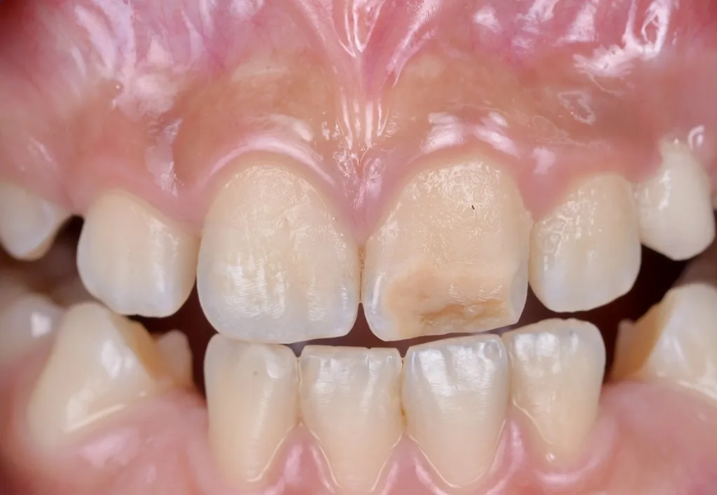 Abb. 1: Klinische Beurteilung MIH-Läsionen im Frontzahnbereich. Bei der Behandlungsplanung der MIH sind folgende klinische Parameter in Betracht zu ziehen: Oberflächenbeschaffenheit, Läsionsausdehnung, Intensität und Chroma der Verfärbung sowie strukturelle Defekte.