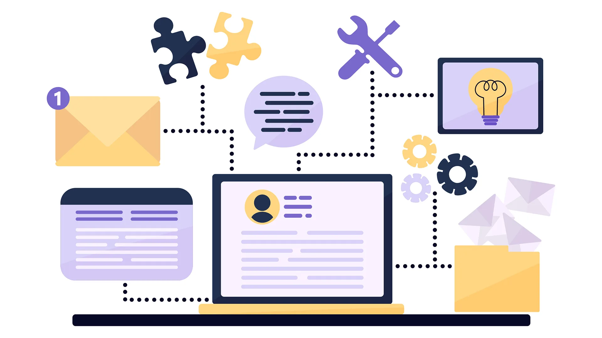 Illustrationen zusammengeführt. In der Mitte ein Laptop, davon weggehend Werkzeug, Brief, Bildschirm, eine Glühbirne.