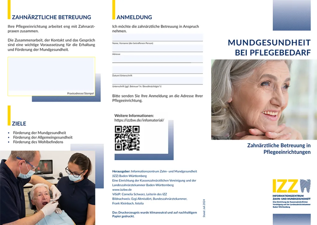 Abb. 4: Der IZZ-Flyer: „Mundgesundheit bei Pflegebedürftigen“ ist als digital ausfüllbares Formular für die Arbeit in Pflegeeinrichtungen sowohl mit als auch ohne Kooperationsvertrag anwendbar, und die Formulierungen sind an die aktuelle Gesetzgebung angepasst.