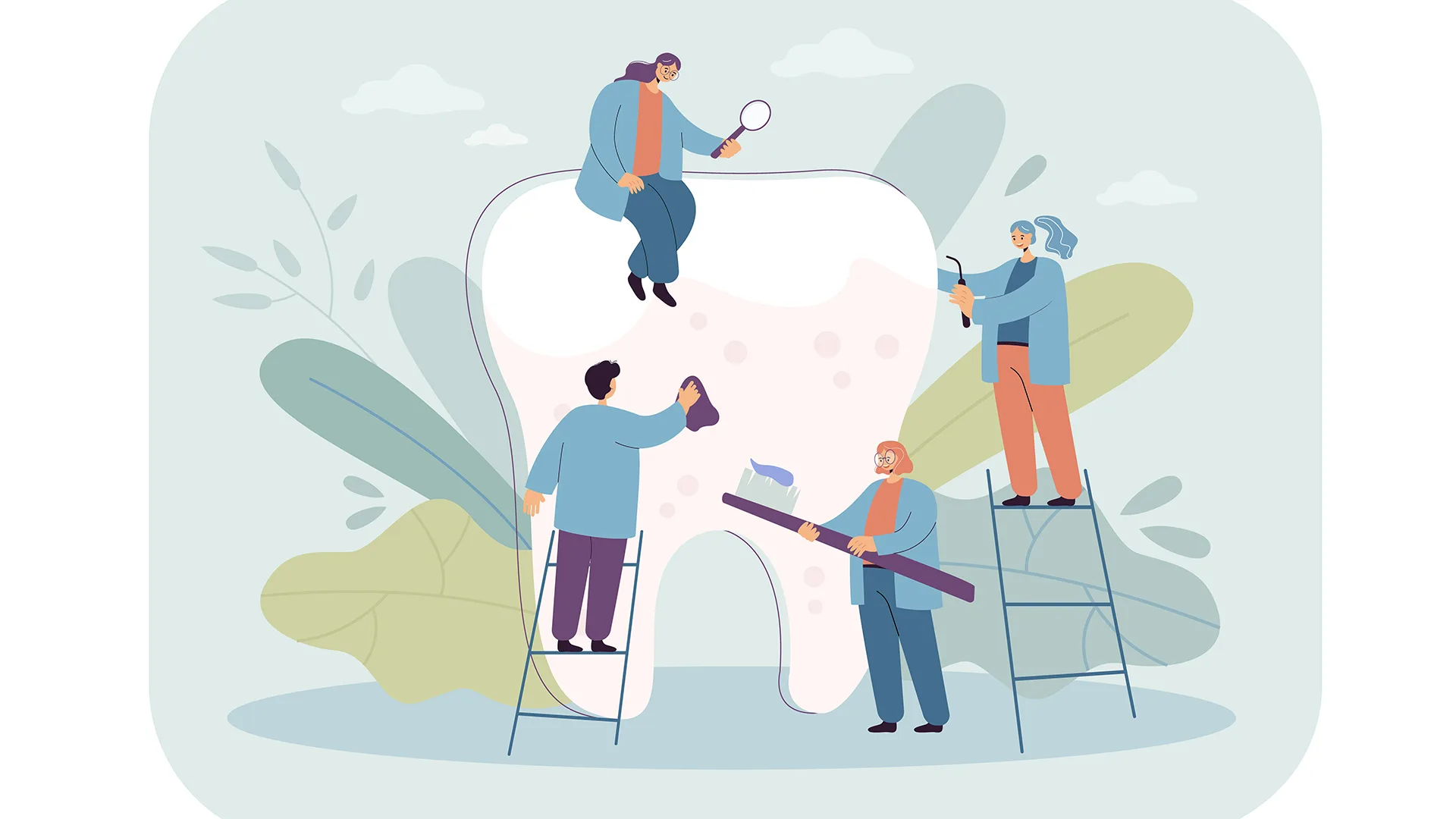 Illustration von Menschen die einen Zahn sauber machen.