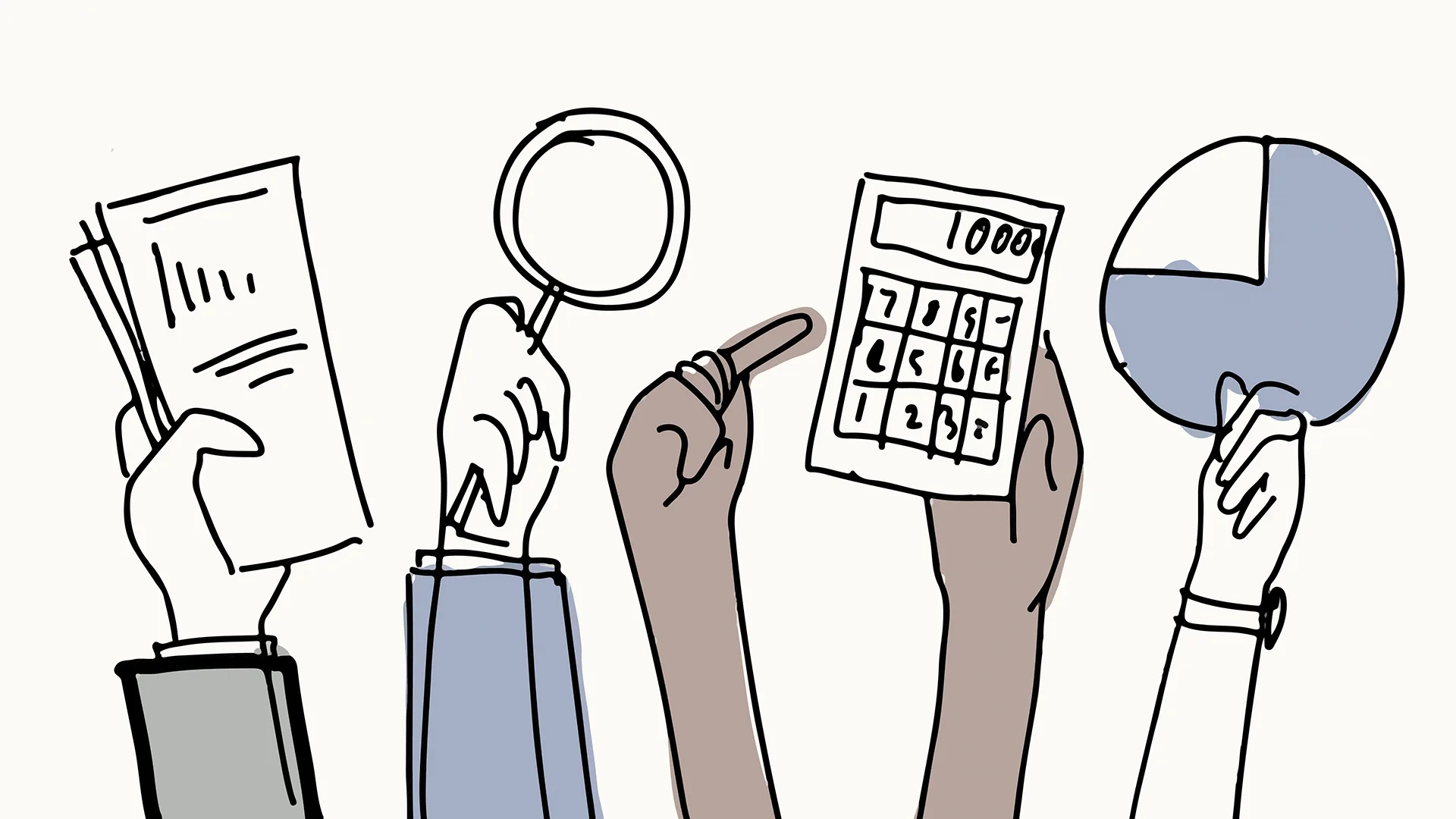 Illustration von verschiedenen Händen, die Taschenrechner, Grafiken, Unterlagen und eine Lupe hochhalten.