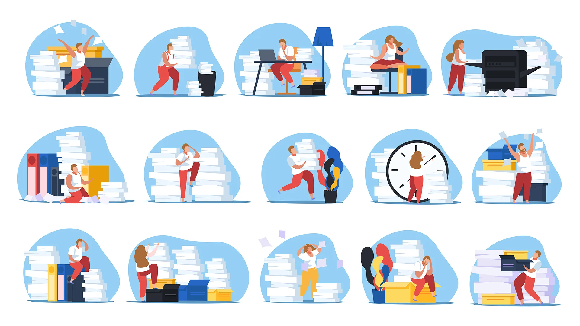 Illustration von mehreren kleinen Situationen, in denen man mit der Bürokratie überfordert ist.