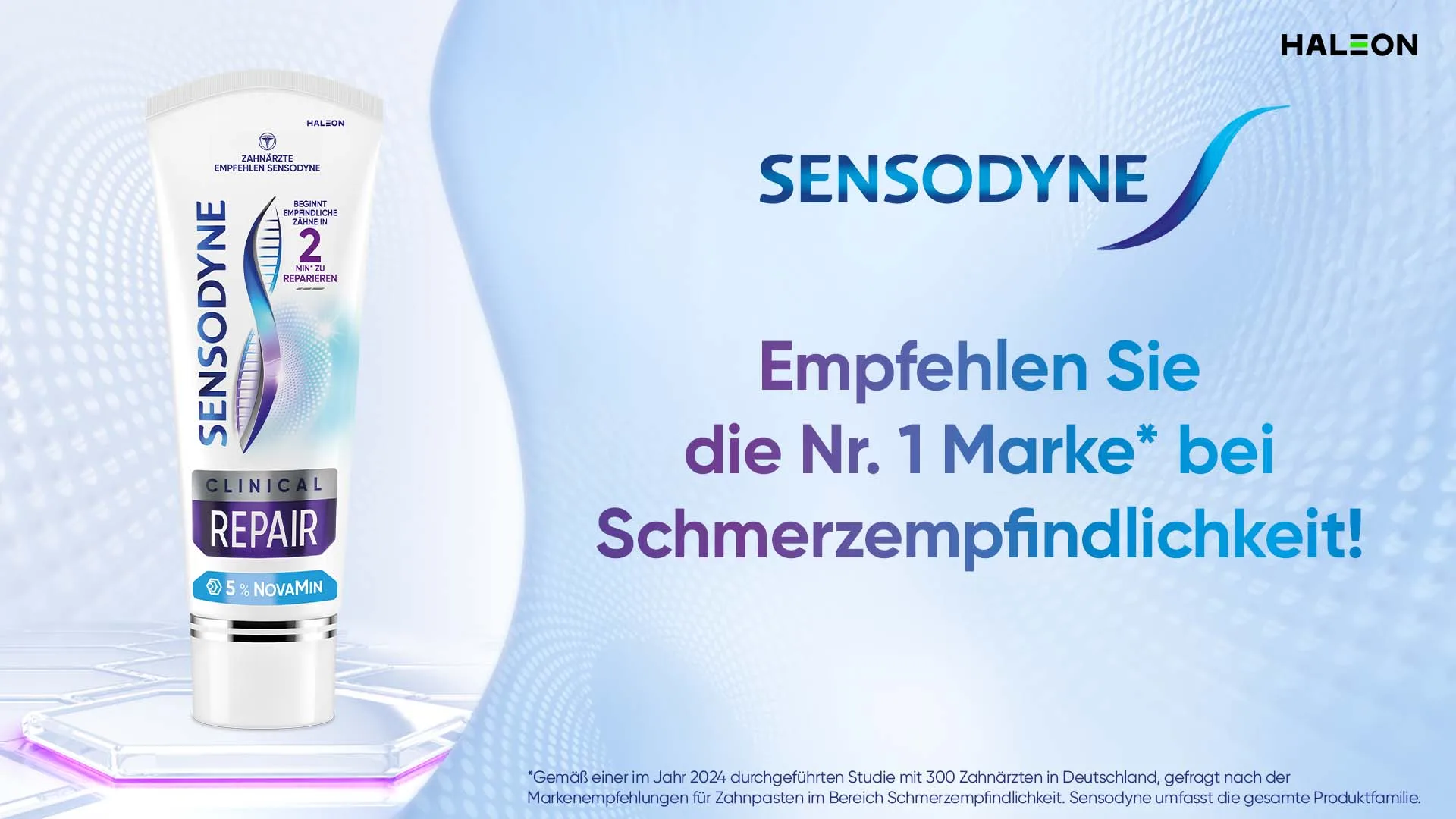 Produktdarstellung Zahnpasta-Tube Sensodyne Clinical Repair mit NovaMin gegen Schmerzempfindlichkeit von Haleon.