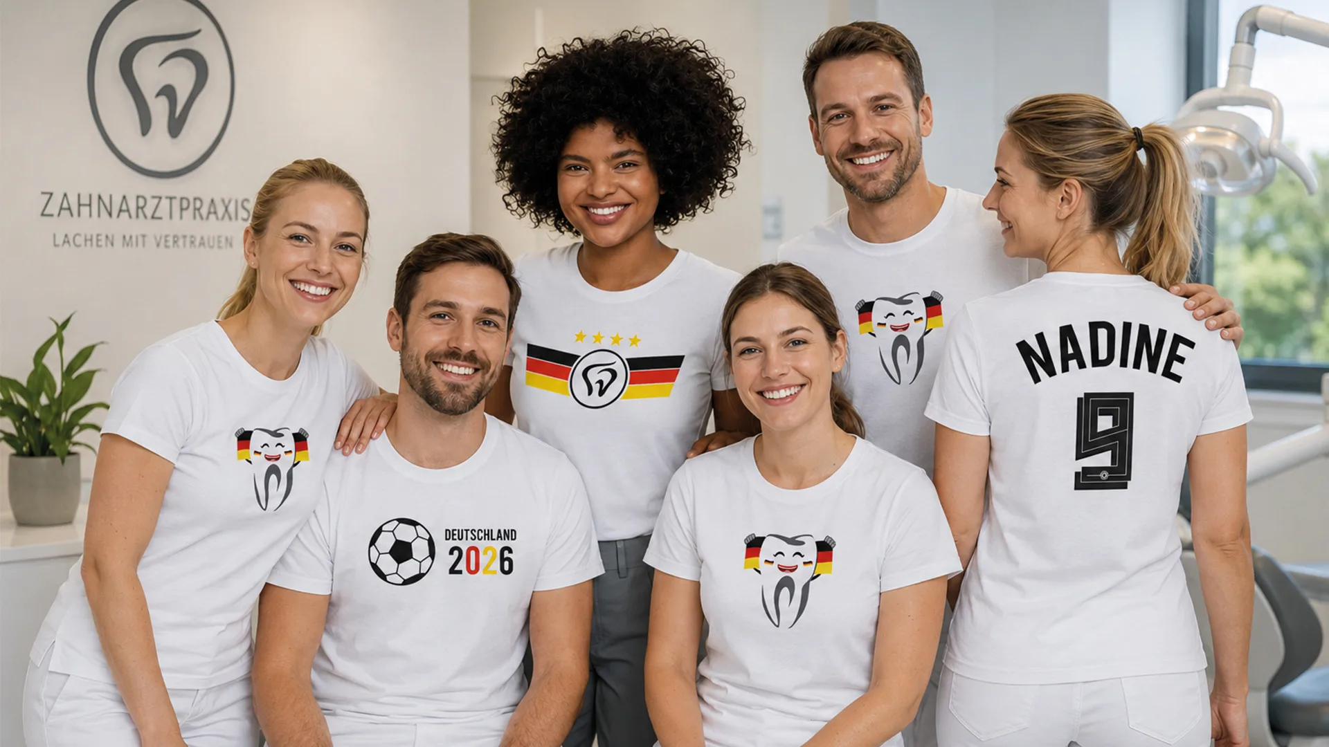 Praxis-Team, das die personalisierbaren WM-Praxisshirts von BEYCODENT trägt.