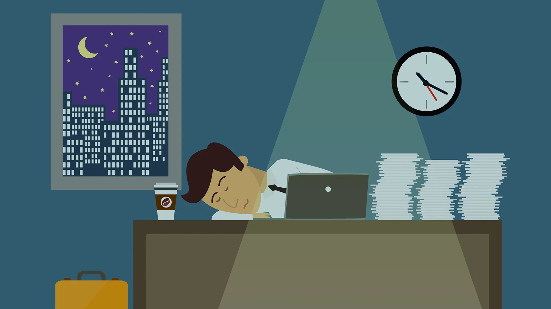 Illustration von einem Büro, es ist bereits dunkel geworden und der Mitarbeiter schläft am Platz.