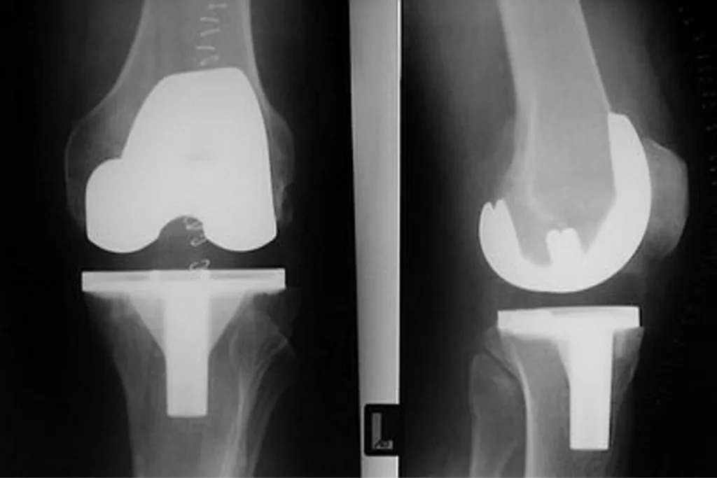 Abb. 4: Bei Patienten mit Endoprothesen entwickeln sich mit zunehmender Implantationsdauer als Folge des Materialabriebs Entzündungszellinfiltrate mit makrophagenreicher Fremdkörperreaktion, lymphozytärer Infiltration und Aufweitung des Interfaces durch aseptische Lockerung.