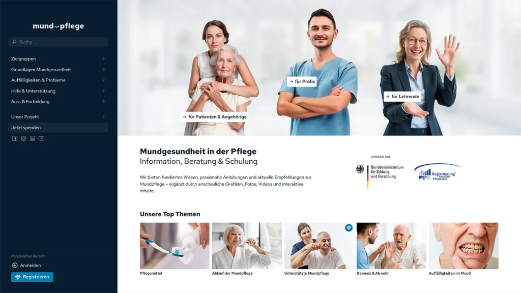 Abb. 4 und 5: mund-pflege.net – Startseite (oben) und Hilfe und Unterstützung (unten) mit Hinweisen zu ergonomischen Körperhaltungen sowie zur Aspirationsgefahr bei Unterstützungsbedarf.