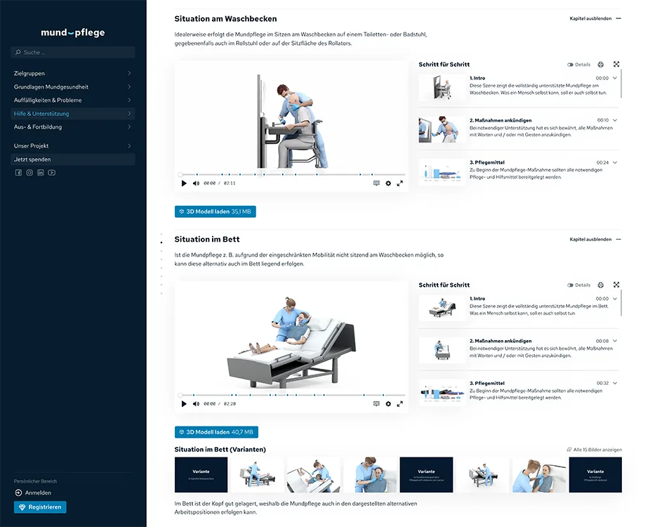 Abb. 4 und 5: mund-pflege.net – Startseite (oben) und Hilfe und Unterstützung (unten) mit Hinweisen zu ergonomischen Körperhaltungen sowie zur Aspirationsgefahr bei Unterstützungsbedarf.