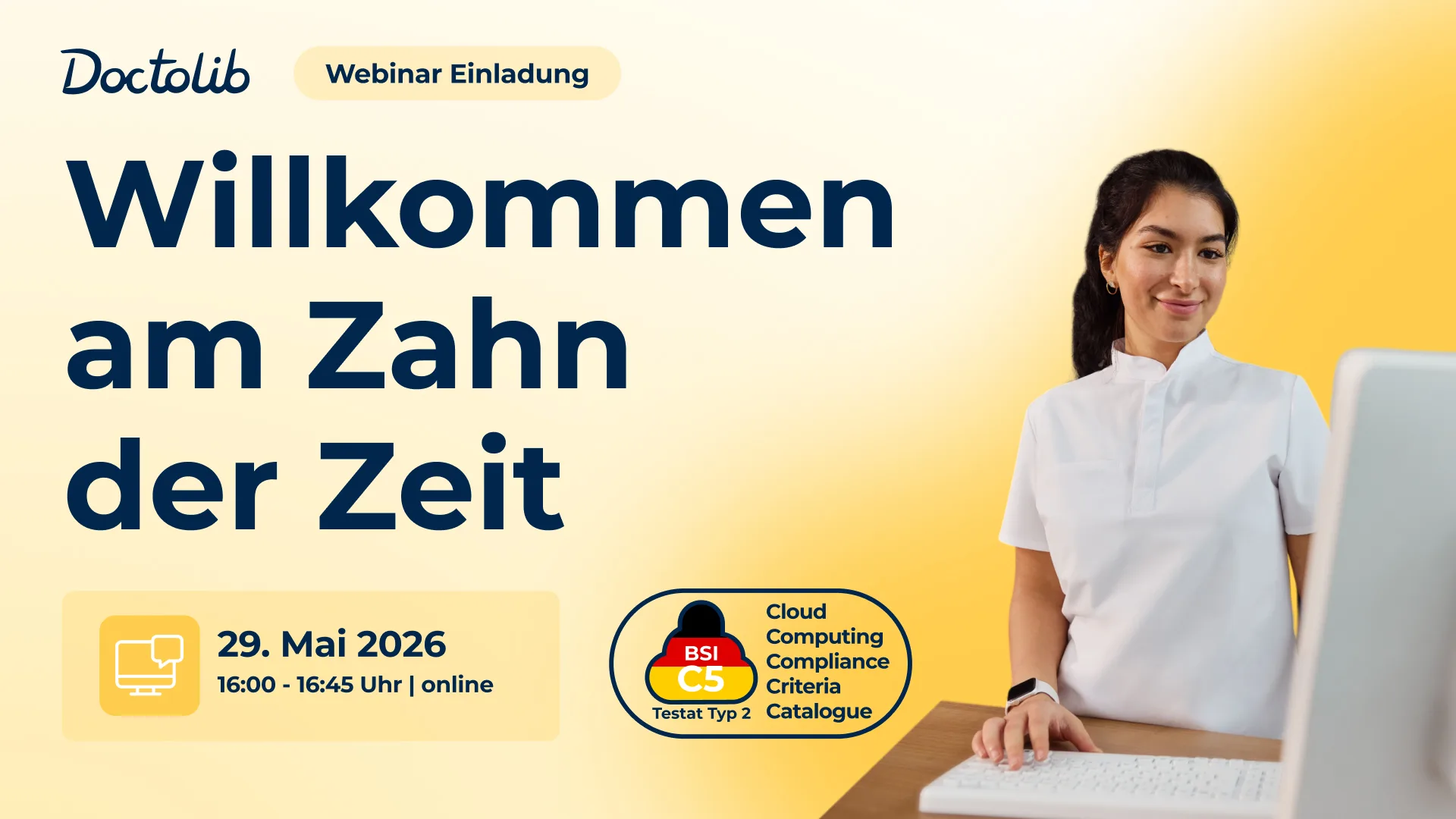 Einladung zum kostenlosen Doctolib-Webinar am 29.05.2026 zum Thema "Willkommen am Zahn der Zeit".