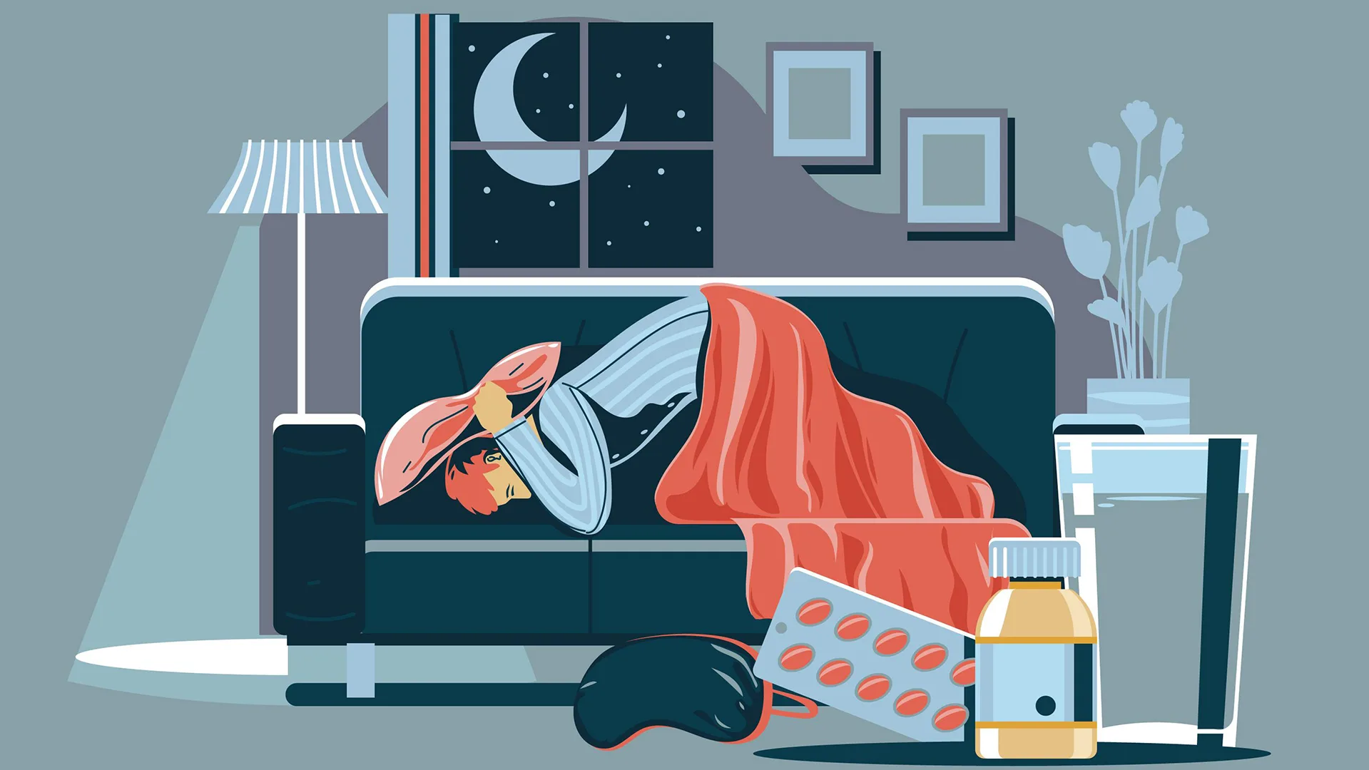 Illustration von einem Mann der nicht einschlafen kann.