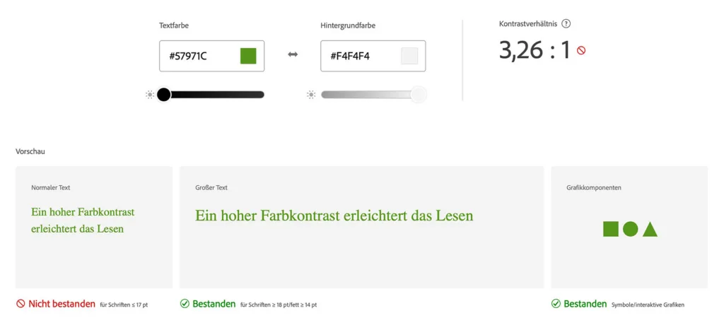 Abb. 4: Kontrastprobleme sind sehr häufig und machen Websites schwerer lesbar. Screenshot: Überprüfung eines Farbkontrasts mit dem Color Contrast Analyzer von Adobe Adobe Color (color.adobe.com/de/create/color-contrast-analyzer).