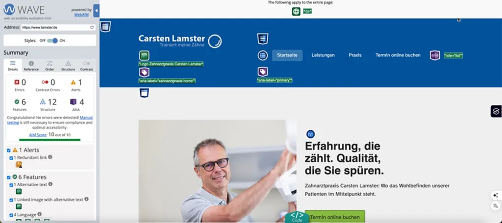 Abb. 5: Screenshot: Auswertung der Website www.lamster.de mit WAVE, einem Tool, mit dem eine Website auf die wichtigsten Punkte der Barrierefreiheit hin untersucht werden kann.