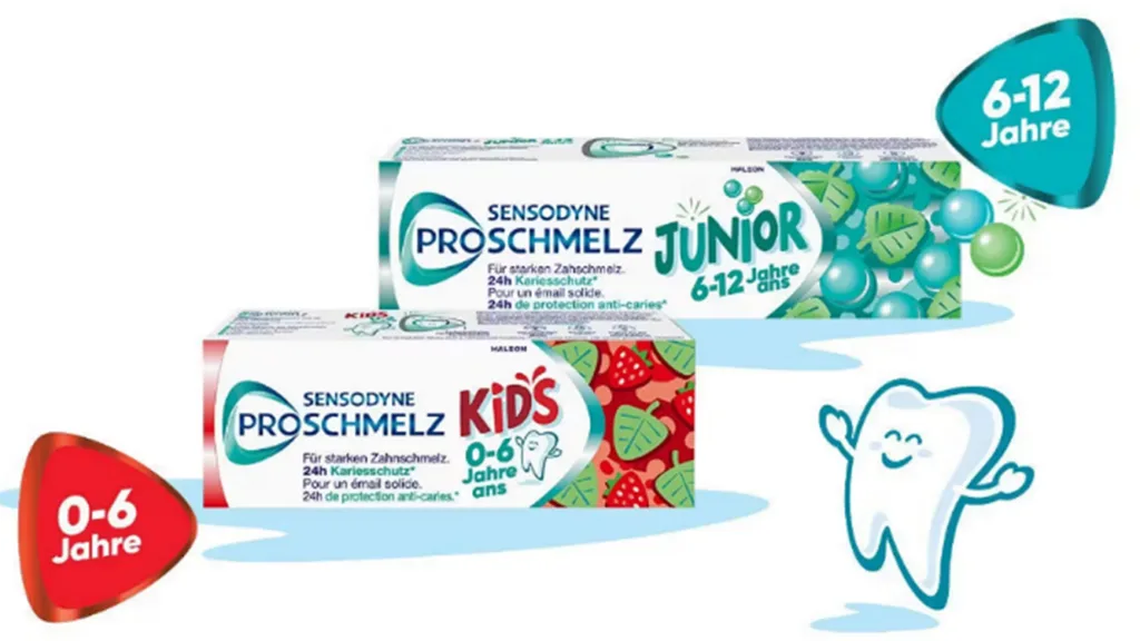 Abb. 1: Kinderzahnpasten wie z.B. SENSODYNE PROSCHMELZ schützen Kinderzähne mit einem altersgerechten Fluoridgehalt (Kids: bis zum 6. Geburtstag 1000 ppm; Junior ab dem 6. Geburtstag 1450 ppm)