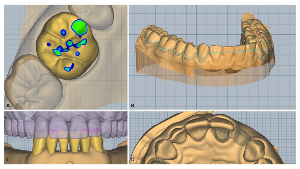 Abb. 5: Konstruktionsbeispiele aus den vor- und präklinischen Kursen der neuen Approbationsordnung; Screenshots aus exocad® (exocad, lizenziert durch Amann Girrbach); A: Konstruktion einer Einzelzahnkrone 16 auf einen selbst präparierten und gescannten Stumpf; B: Design einer Aufbissschiene im Unterkiefer auf Basis eines Intraoralscans eines Kommilitonen; C: Design eines UK-Provisoriums 33-43 auf selbst präparierter und gescannter Kiefersituation; D: ebenso wie B und C das Design einer Adhäsivbrücke 21-22