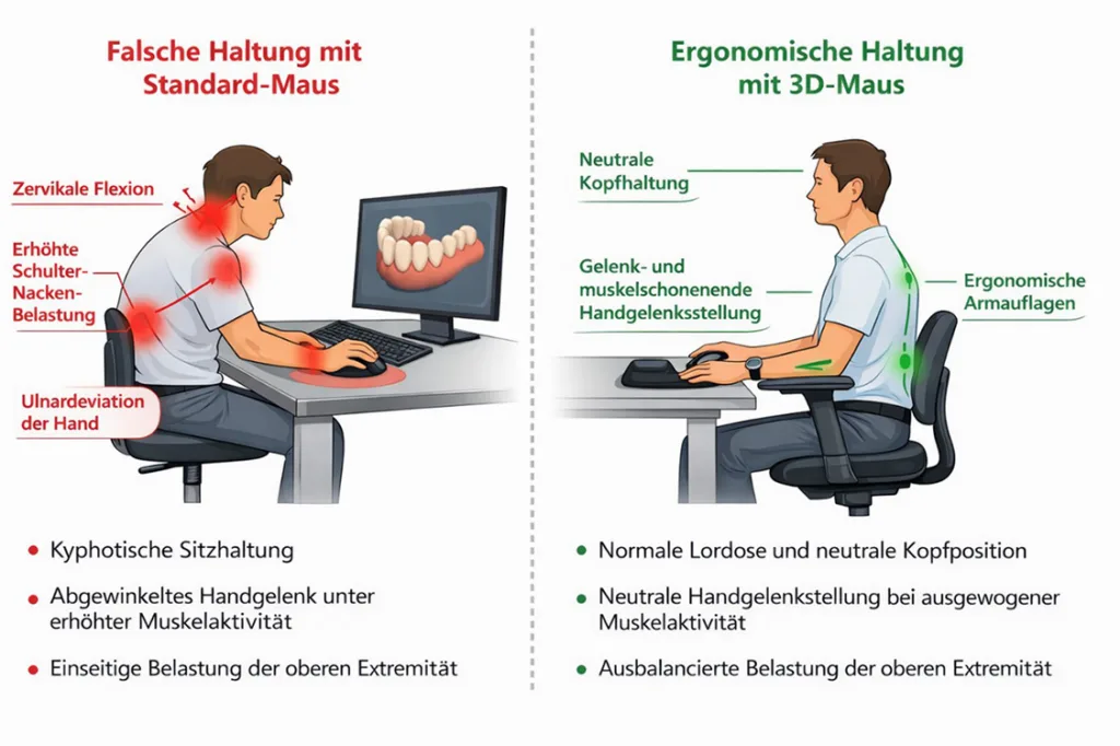 Abb. 9: Unterschiede in der Ergonomie, Standard-Setup vs. ergonomisches 3D-Maus-Setup