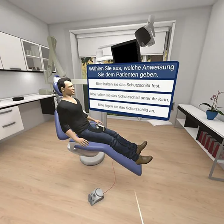 Abb. 1 a-c: Ein animierter Patienten-Avatar mit medizinisch korrekter 3D-Anatomie erlaubt realitätsnahes Üben direkt am virtuellen Kiefer