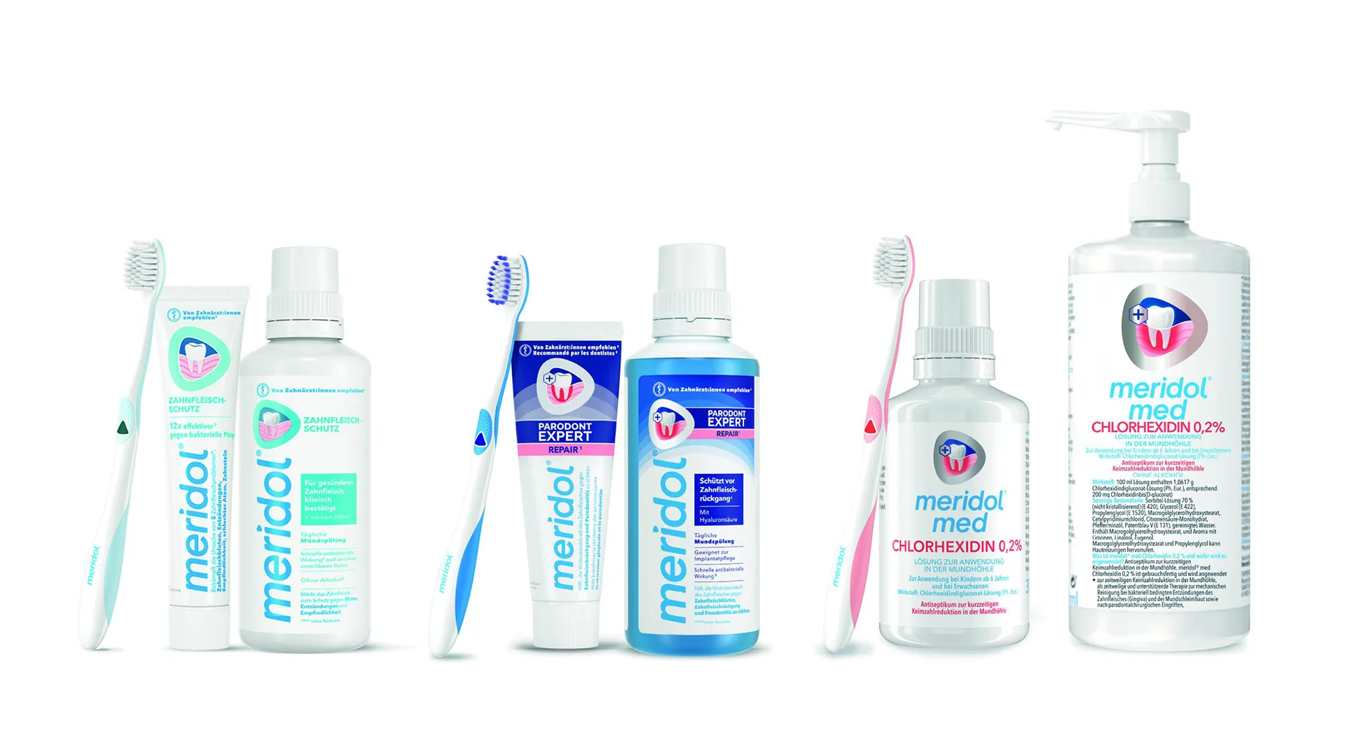 meridol® ZAHNFLEISCHSCHUTZ System, meridol® PARODONT EXPERT System und meridol® med Chlorhexidin 0,2 % Mundspülung (300 ml für die häusliche Anwendung, 1.000 ml für die Praxis)