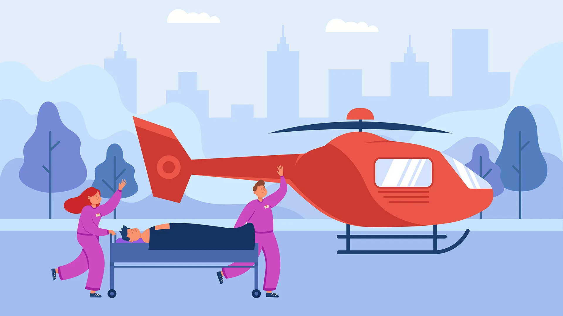Ärzte tragen einen Patienten auf einer Liege zum Helikopter.
